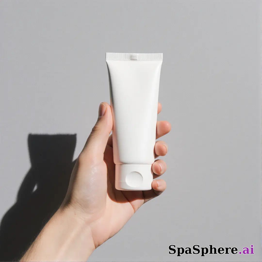 Minimal sunscreen product shot in hand with soft gray light and negative space for skincare education text. (08) [1080x1080]