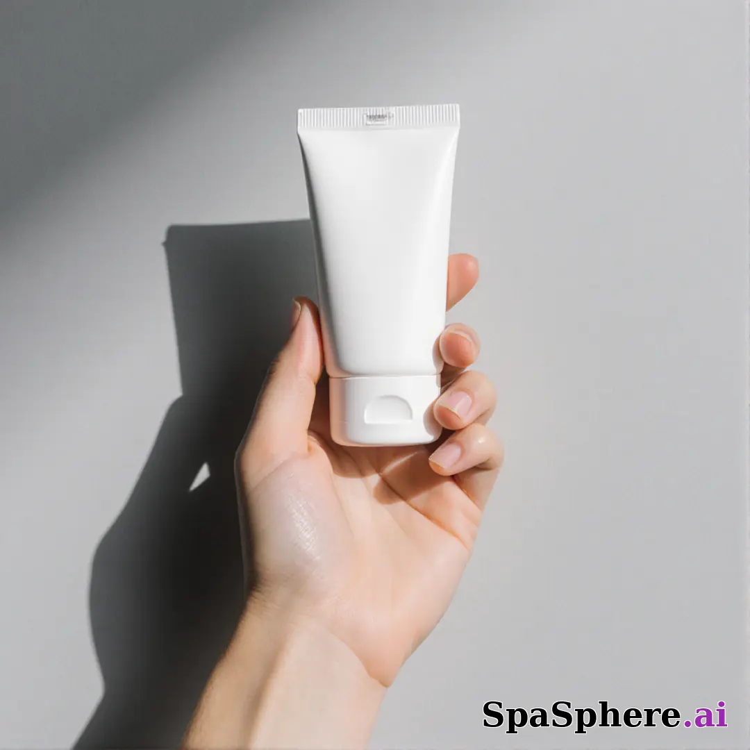 Minimal sunscreen product shot in hand with soft gray light and negative space for skincare education text. (09) [1080x1080]