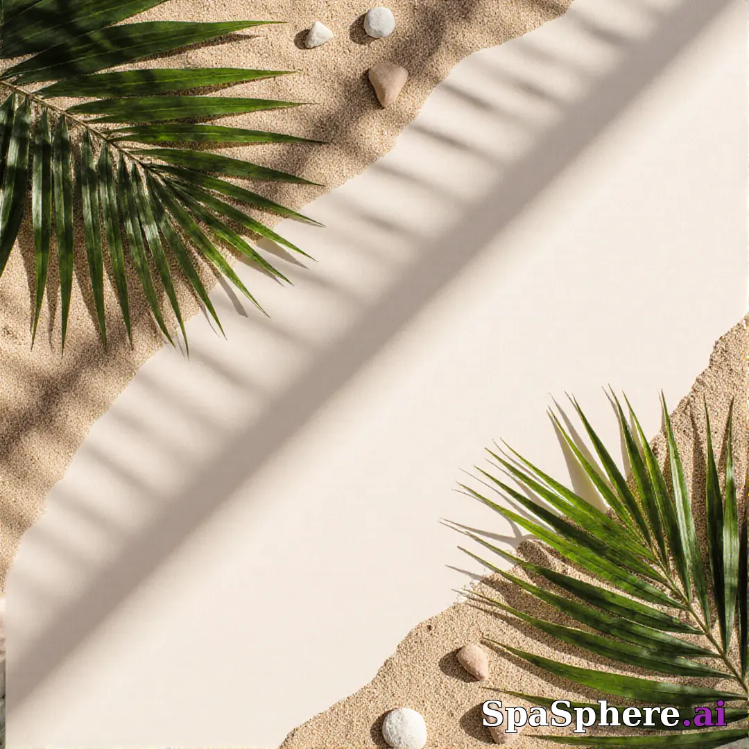 Palm leaves and sand tone spa flatlay – tropical summer skincare visuals. (01) [1080x1080]