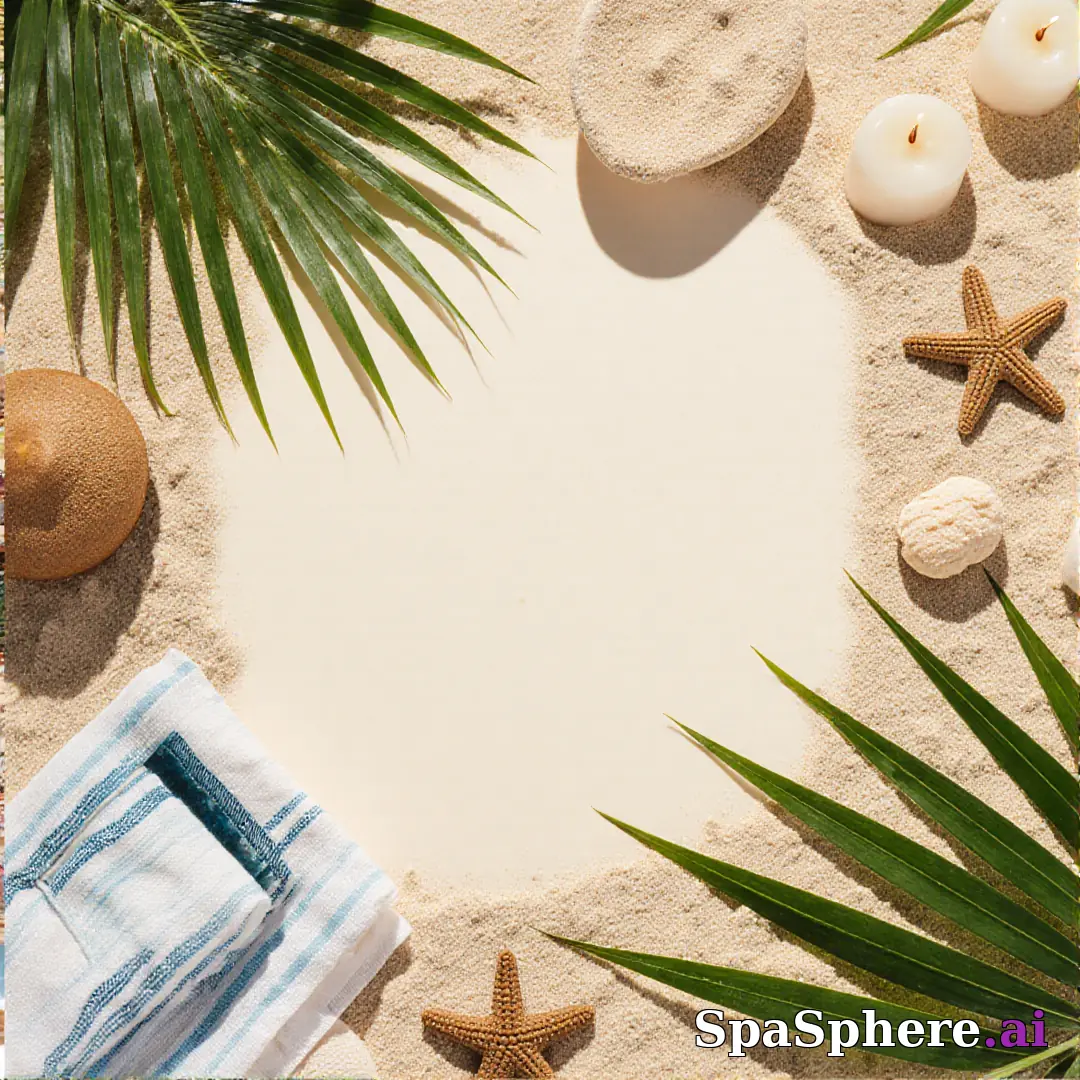 Palm leaves and sand tone spa flatlay – tropical summer skincare visuals. (10) [1080x1080]