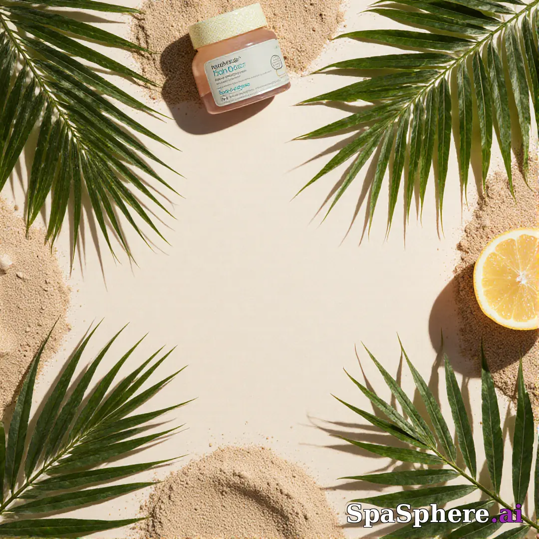 Palm leaves and sand tone spa flatlay – tropical summer skincare visuals. (11) [1080x1080]