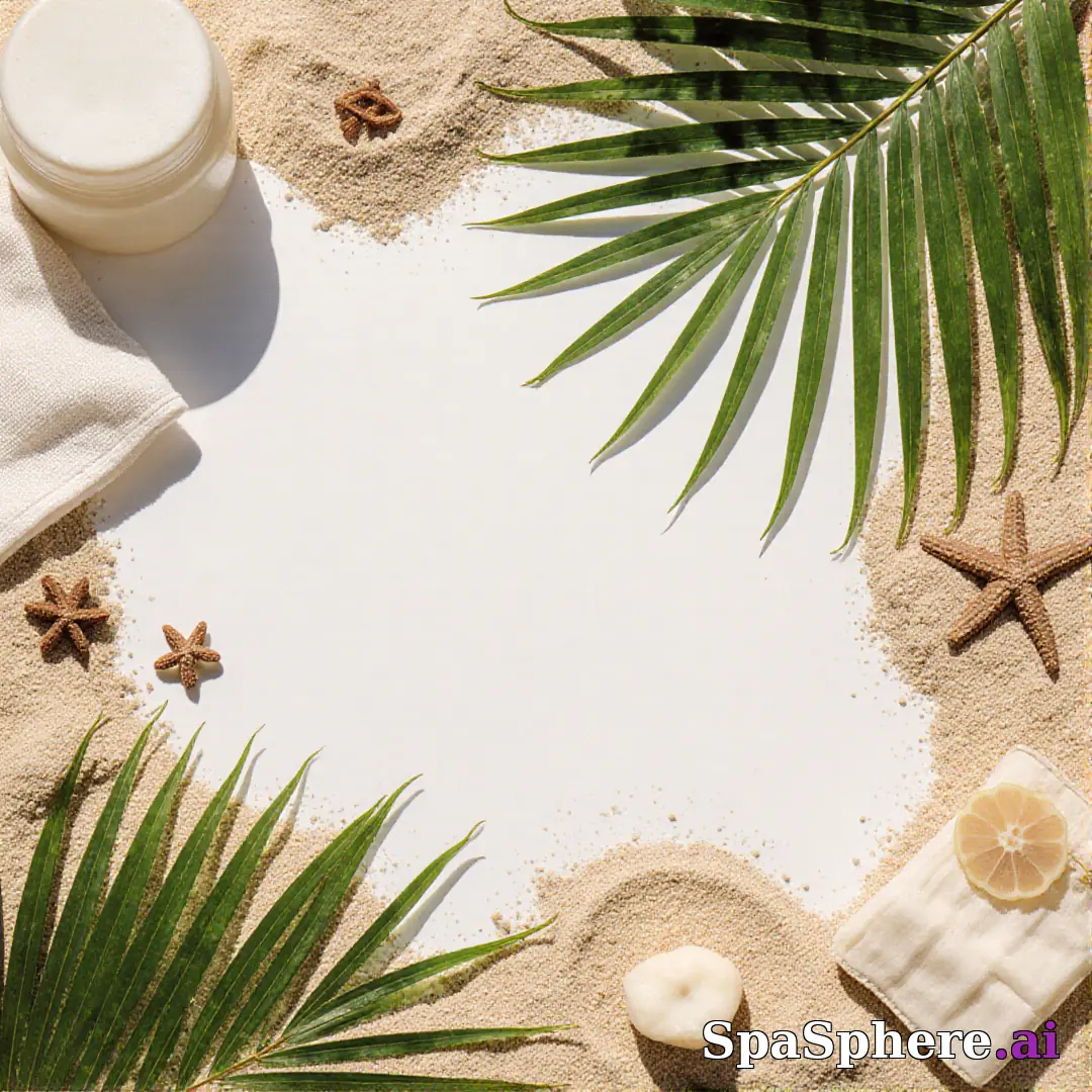 Palm leaves and sand tone spa flatlay – tropical summer skincare visuals. (12) [1080x1080]