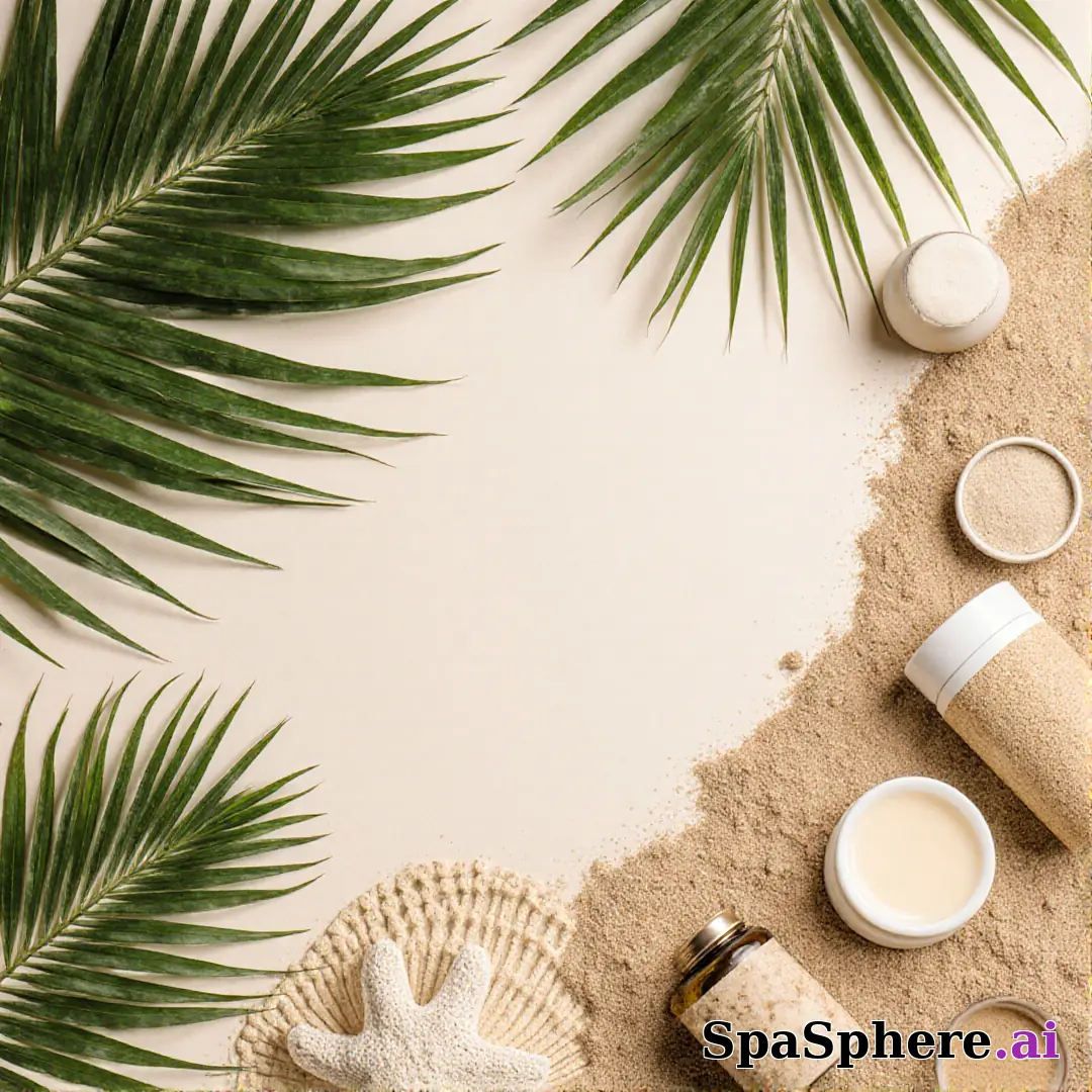 Palm leaves and sand tone spa flatlay – tropical summer skincare visuals. (13) [1080x1080]