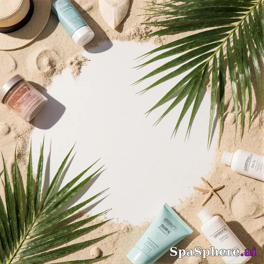 Palm leaves and sand tone spa flatlay – tropical summer skincare visuals. (14) [1080x1080]