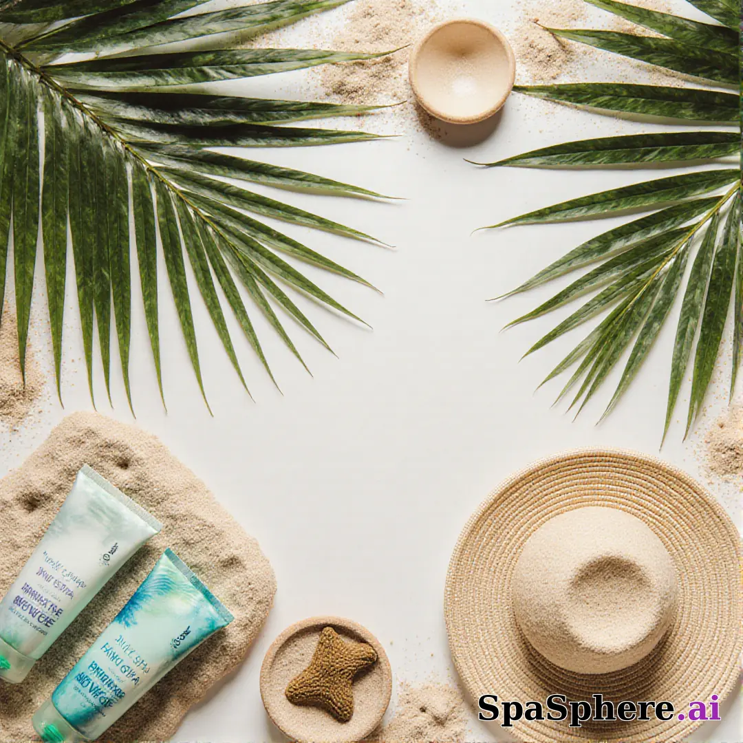 Palm leaves and sand tone spa flatlay – tropical summer skincare visuals. (15) [1080x1080]