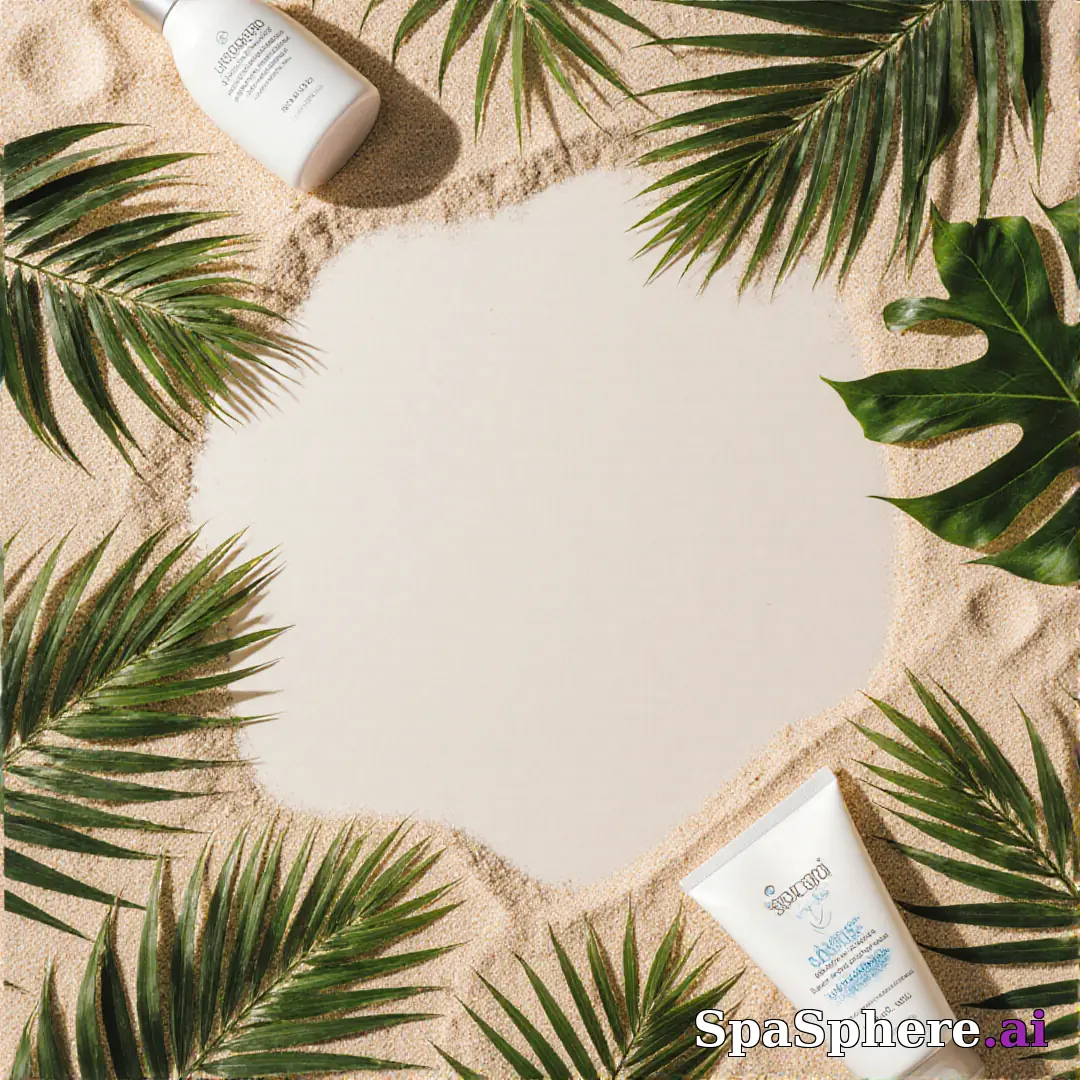 Palm leaves and sand tone spa flatlay – tropical summer skincare visuals. (16) [1080x1080]