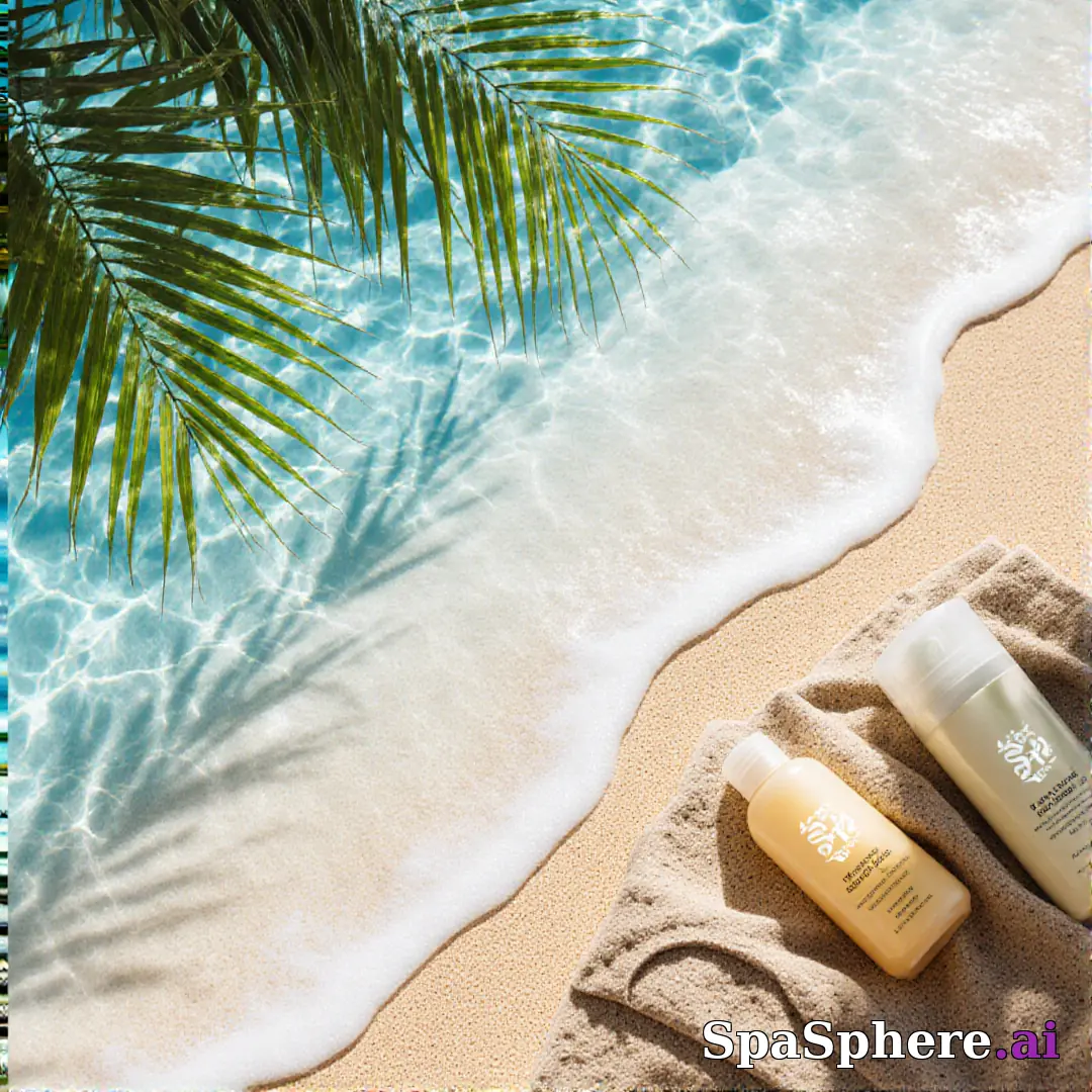 Palm leaves and sand tone spa flatlay – tropical summer skincare visuals. (18) [1080x1080]