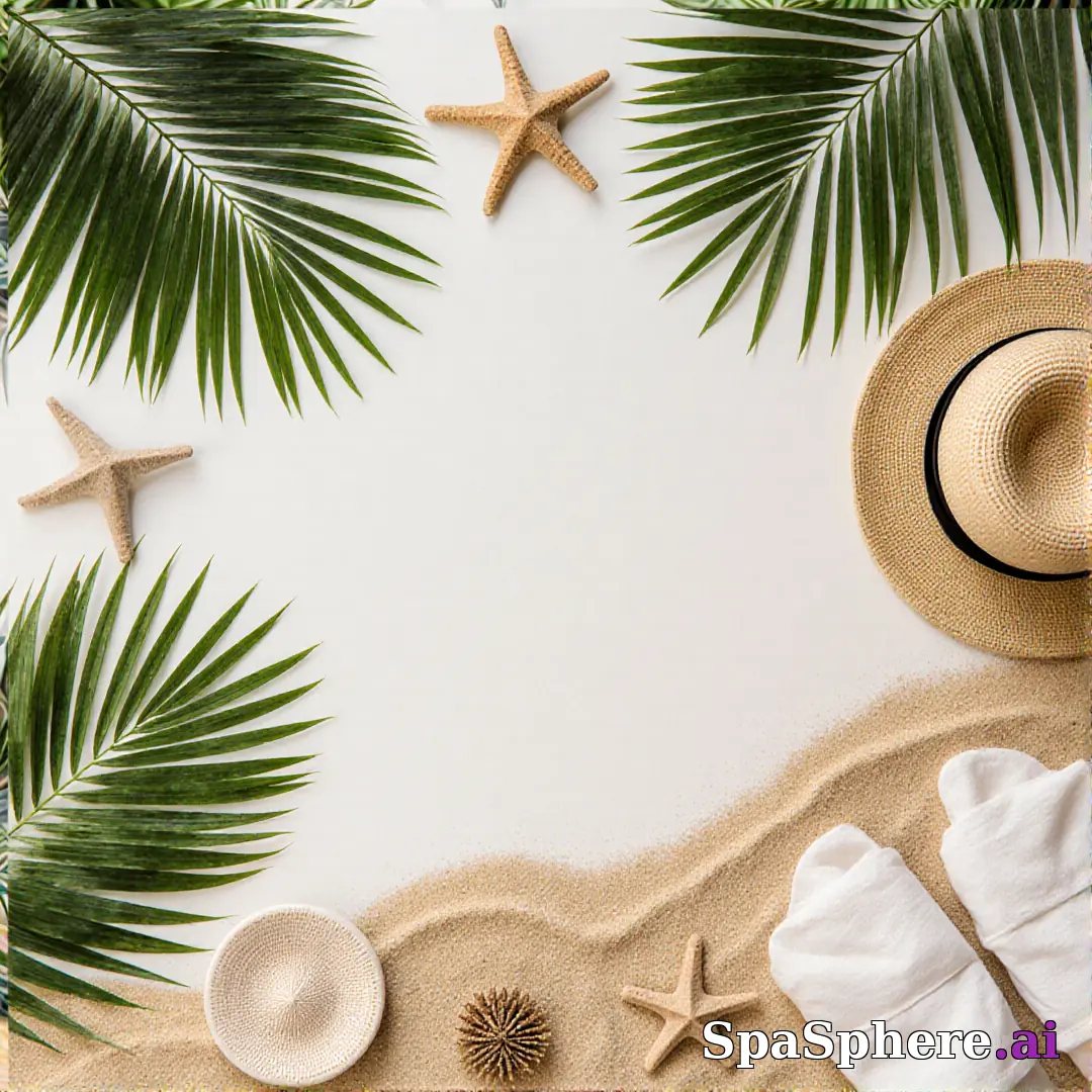 Palm leaves and sand tone spa flatlay – tropical summer skincare visuals. (19) [1080x1080]