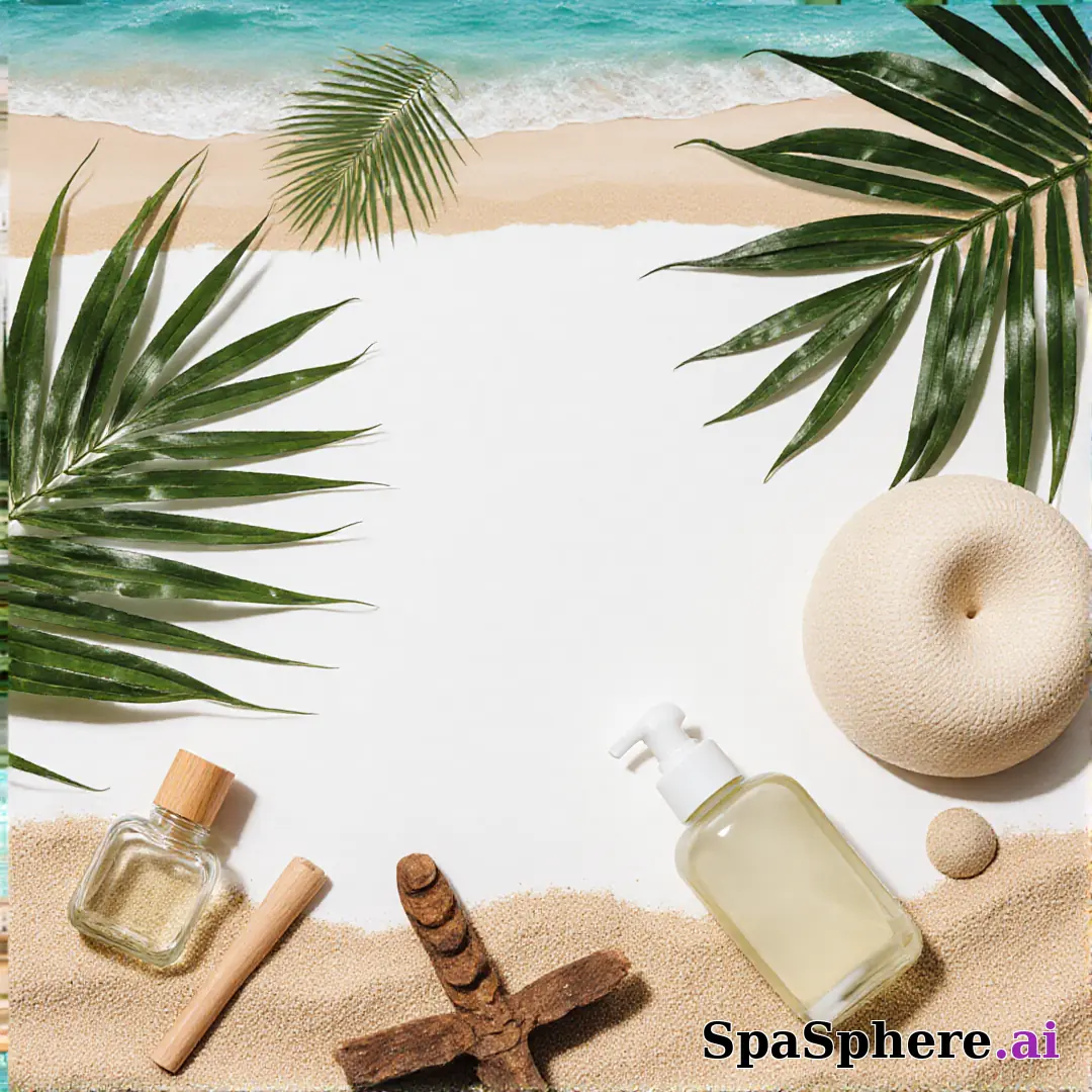 Palm leaves and sand tone spa flatlay – tropical summer skincare visuals. (02) [1080x1080]