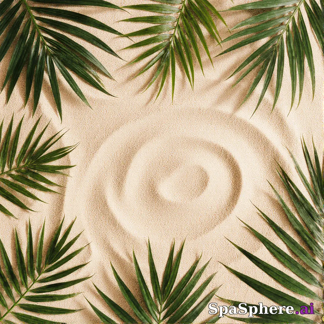 Palm leaves and sand tone spa flatlay – tropical summer skincare visuals. (20) [1080x1080]