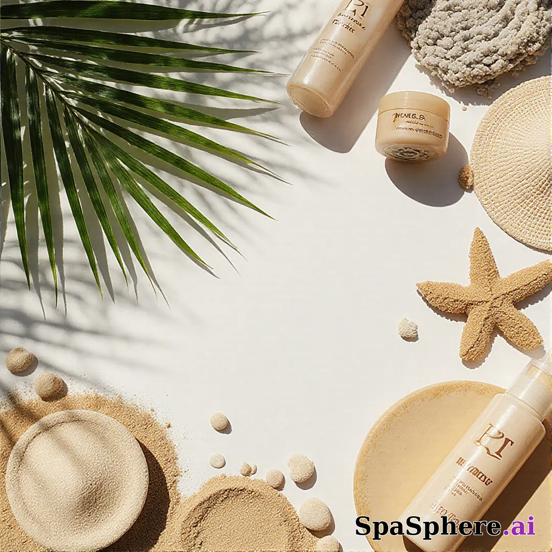 Palm leaves and sand tone spa flatlay – tropical summer skincare visuals. (21) [1080x1080]