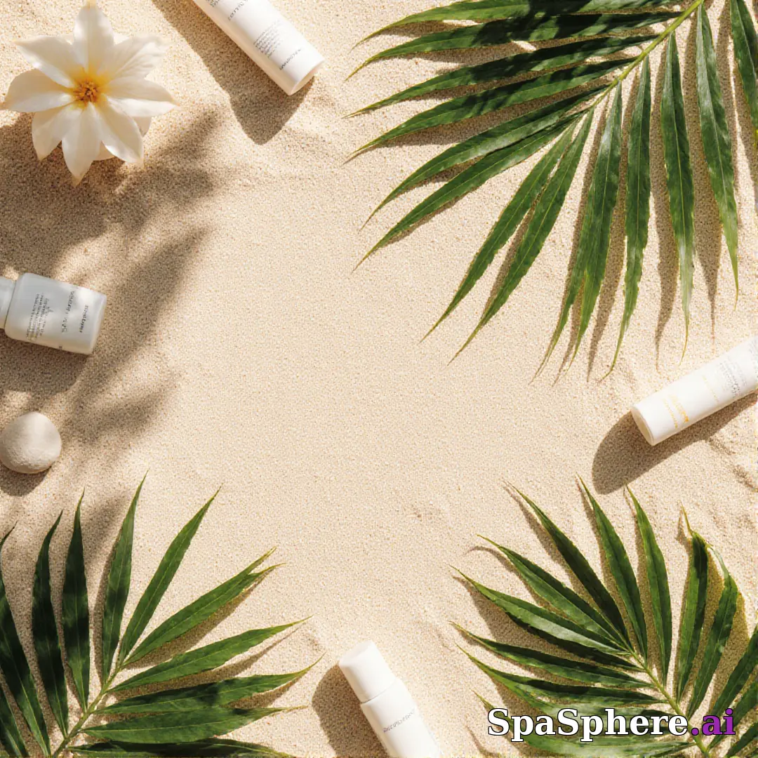 Palm leaves and sand tone spa flatlay – tropical summer skincare visuals. (22) [1080x1080]