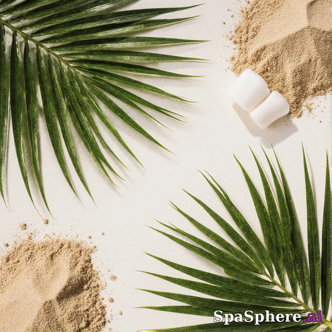 Palm leaves and sand tone spa flatlay – tropical summer skincare visuals. (23) [1080x1080]