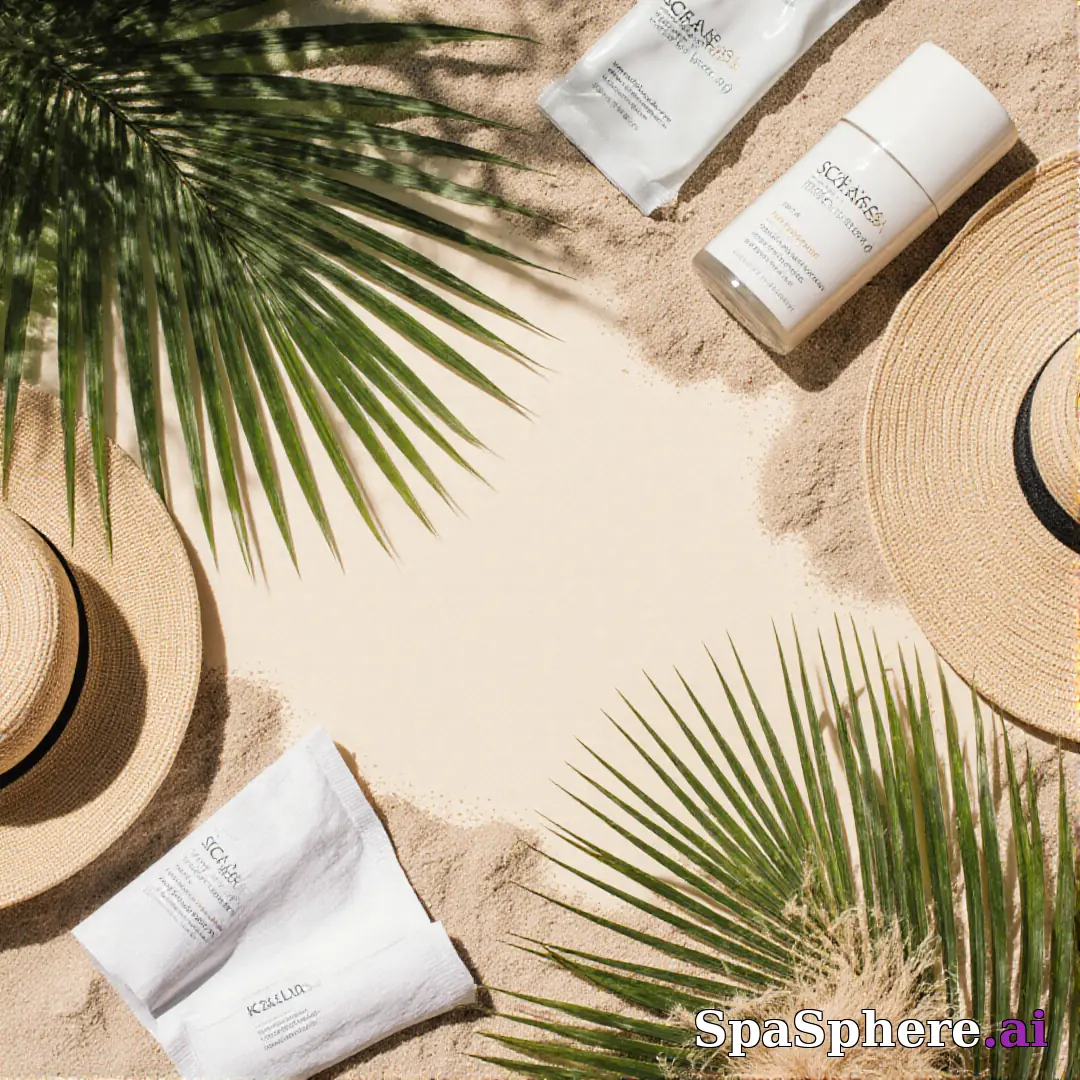 Palm leaves and sand tone spa flatlay – tropical summer skincare visuals. (24) [1080x1080]