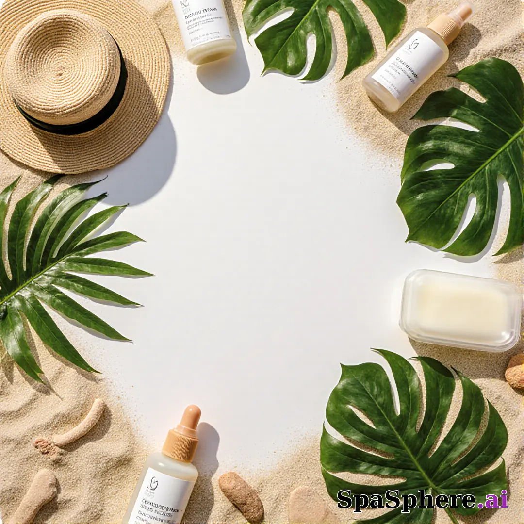 Palm leaves and sand tone spa flatlay – tropical summer skincare visuals. (03) [1080x1080]