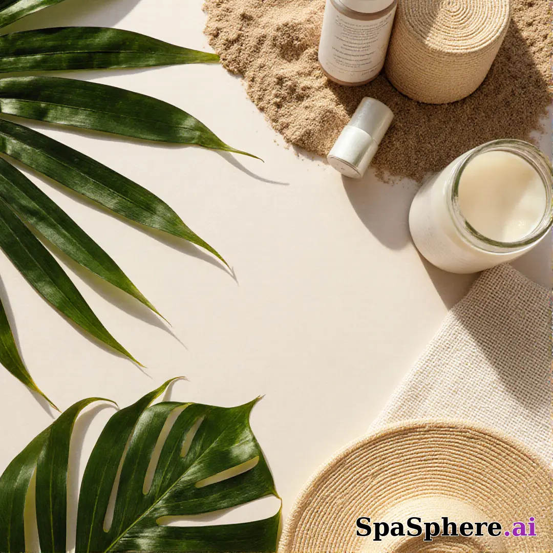 Palm leaves and sand tone spa flatlay – tropical summer skincare visuals. (04) [1080x1080]