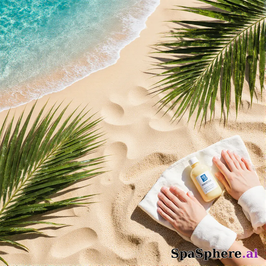 Palm leaves and sand tone spa flatlay – tropical summer skincare visuals. (05) [1080x1080]