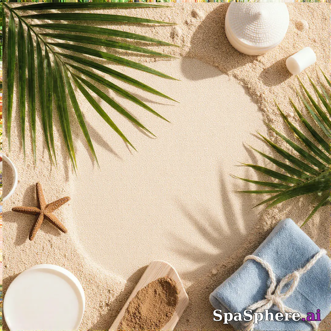 Palm leaves and sand tone spa flatlay – tropical summer skincare visuals. (06) [1080x1080]