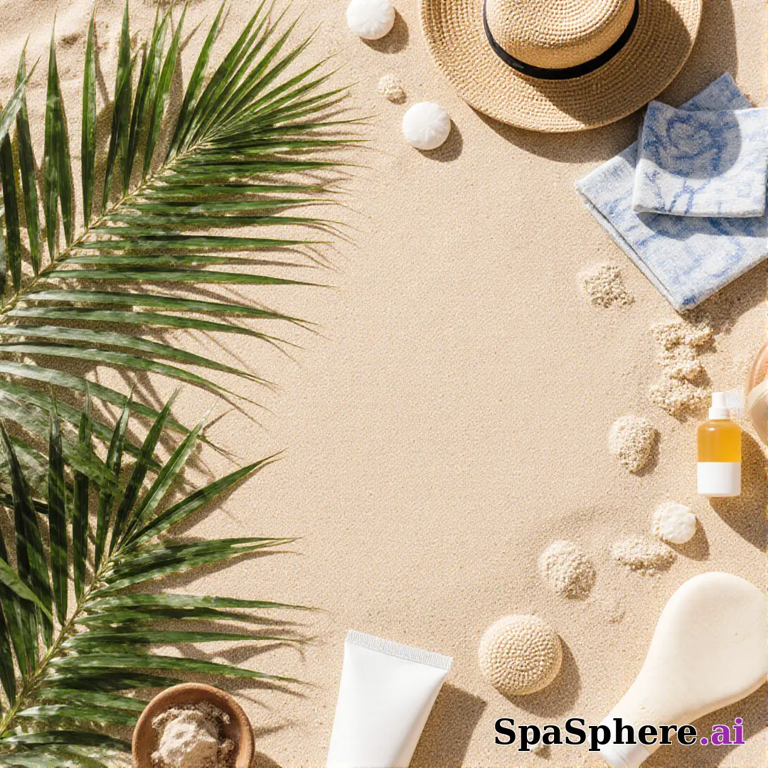 Palm leaves and sand tone spa flatlay – tropical summer skincare visuals. (07) [1080x1080]