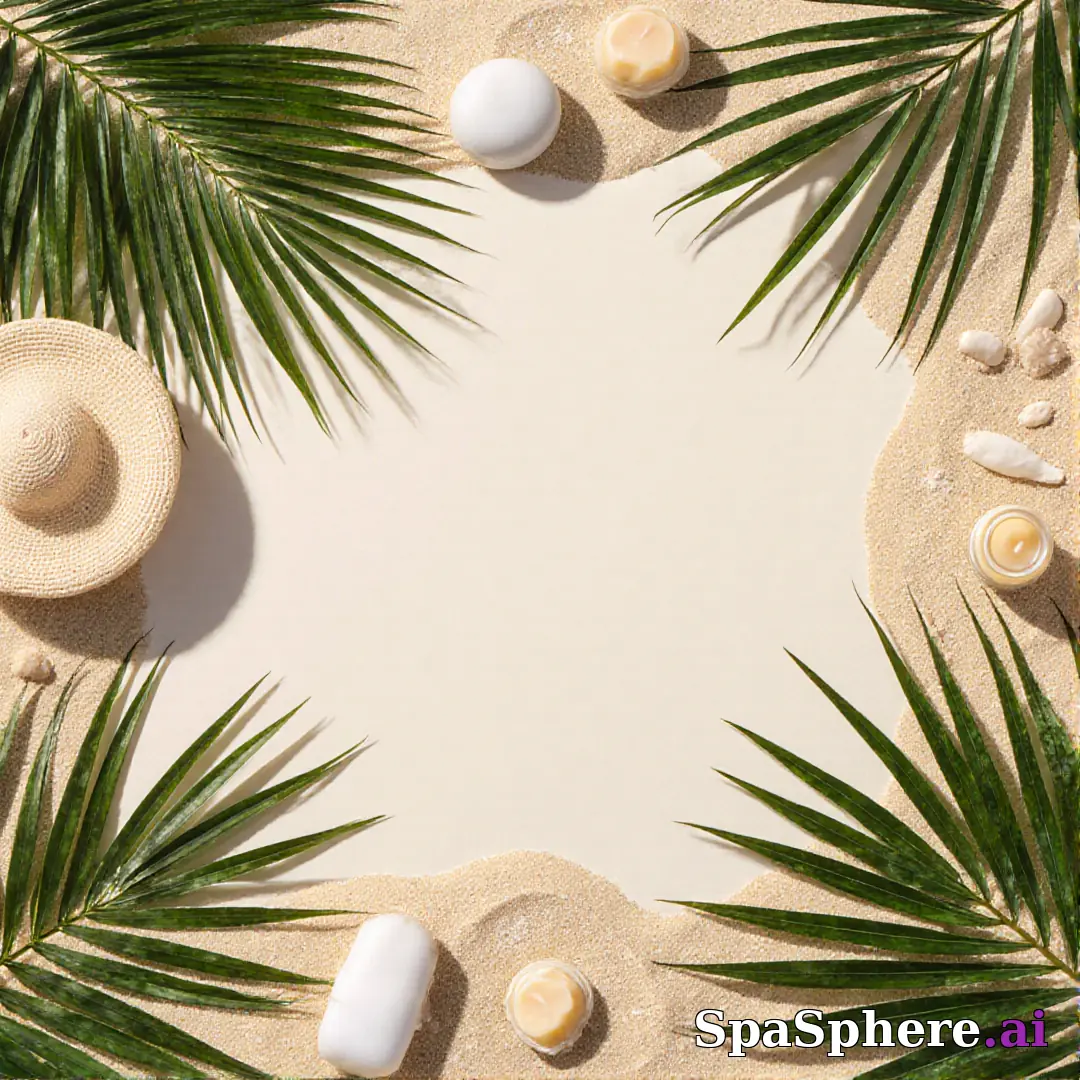 Palm leaves and sand tone spa flatlay – tropical summer skincare visuals. (08) [1080x1080]
