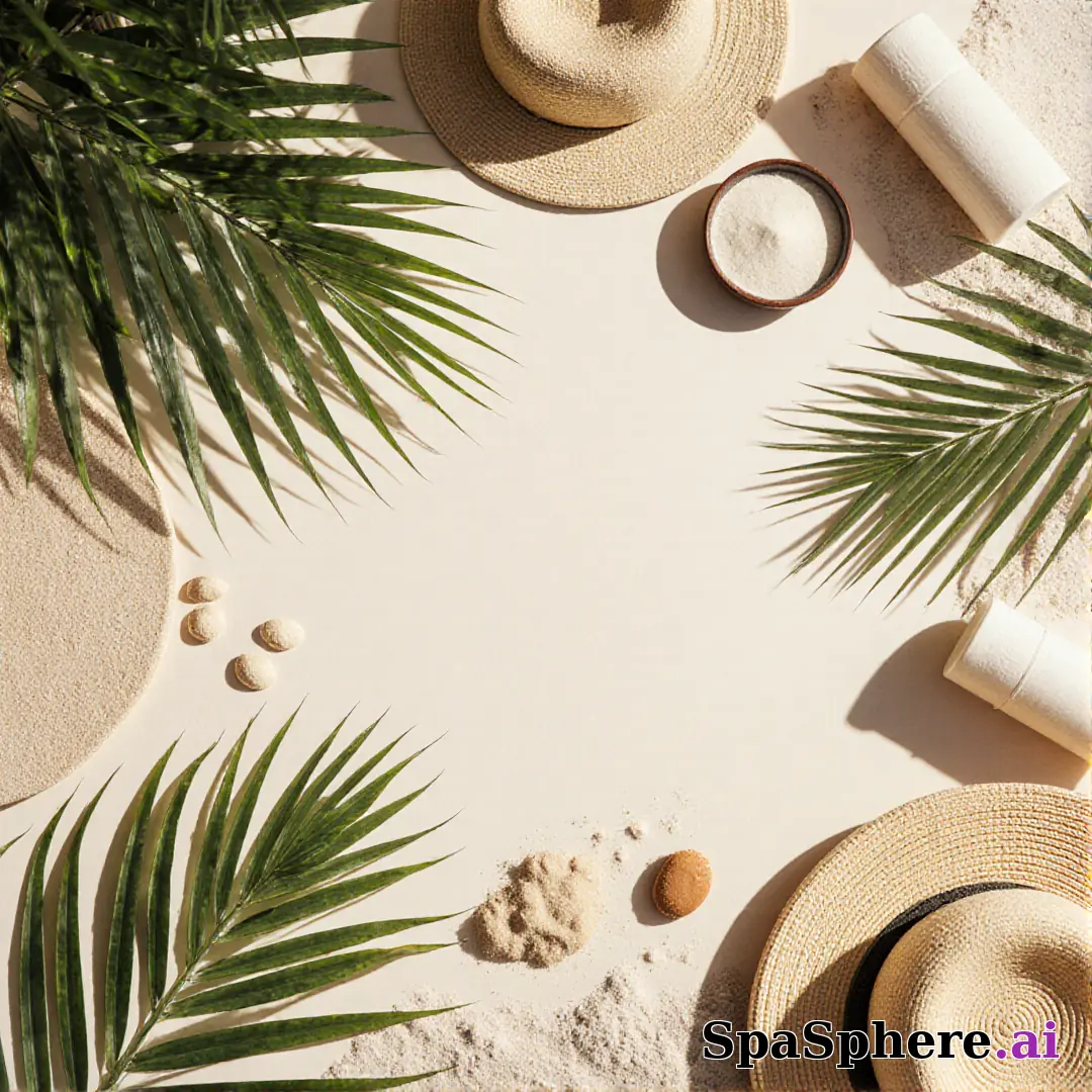 Palm leaves and sand tone spa flatlay – tropical summer skincare visuals. (09) [1080x1080]