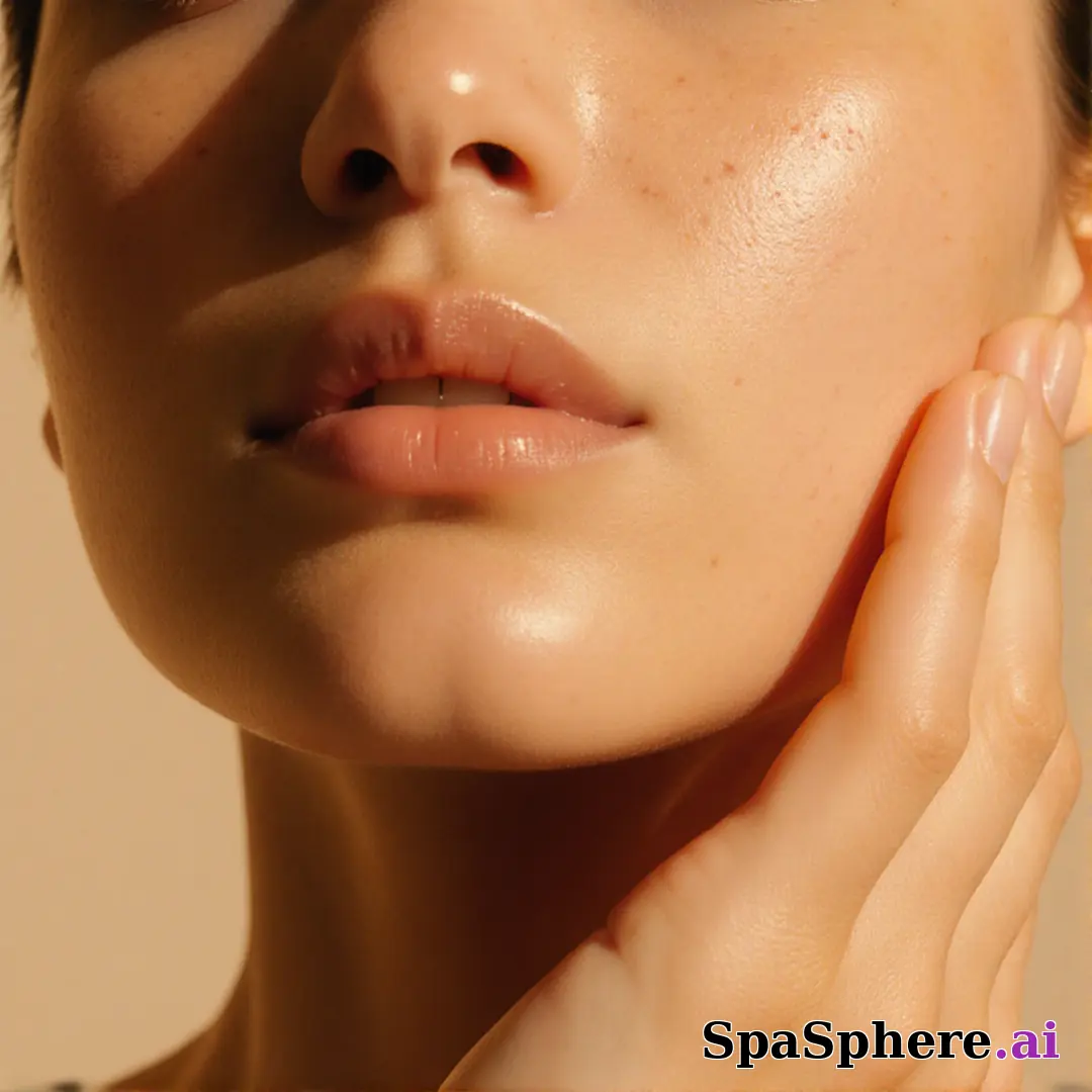 Warm glowing skin close-up with soft warm light and gentle hand touch, editorial spa beauty aesthetic. (15) [1080x1080]
