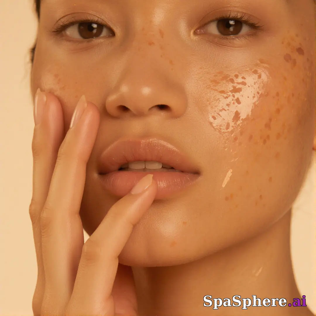 Warm glowing skin close-up with soft warm light and gentle hand touch, editorial spa beauty aesthetic. (19) [1080x1080]