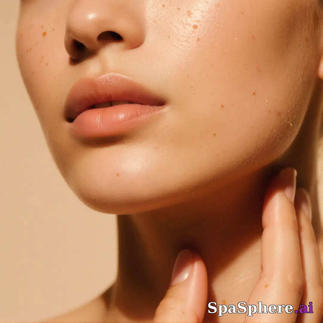 Warm glowing skin close-up with soft warm light and gentle hand touch, editorial spa beauty aesthetic. (06) [1080x1080]
