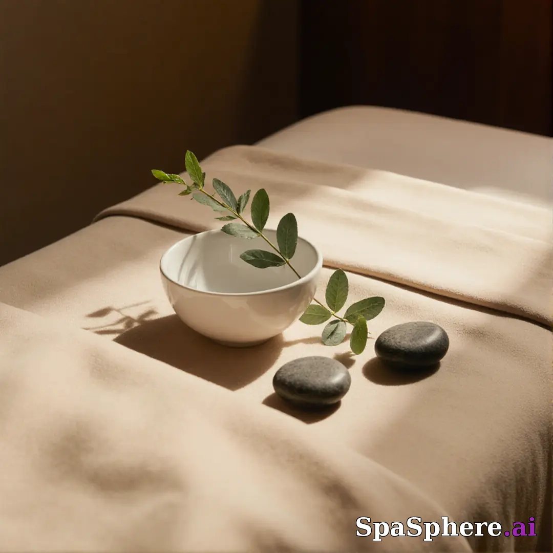 Warm linen and eucalyptus spa flatlay – calming neutral background for estheticians. (01) [1080x1080]