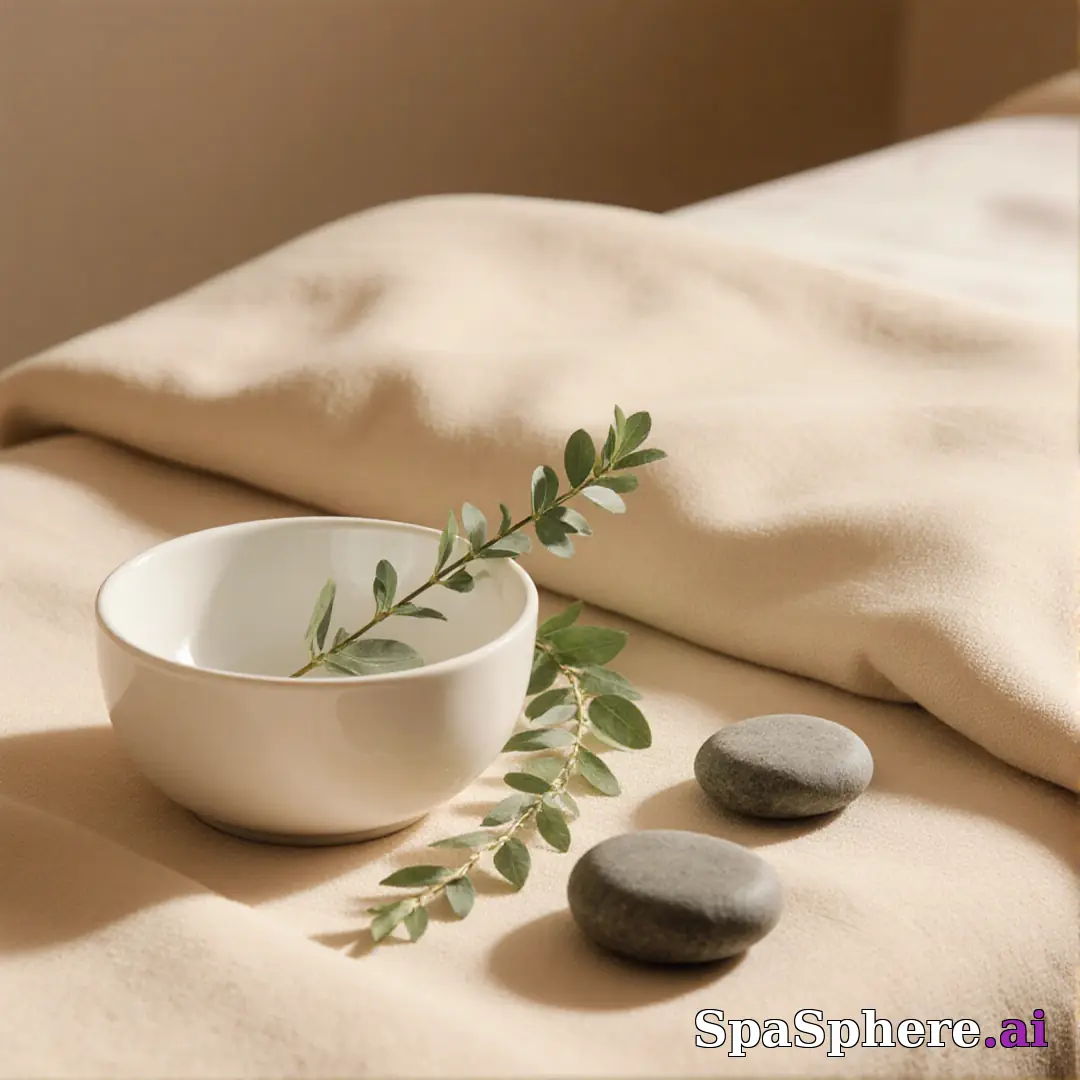 Warm linen and eucalyptus spa flatlay – calming neutral background for estheticians. (13) [1080x1080]