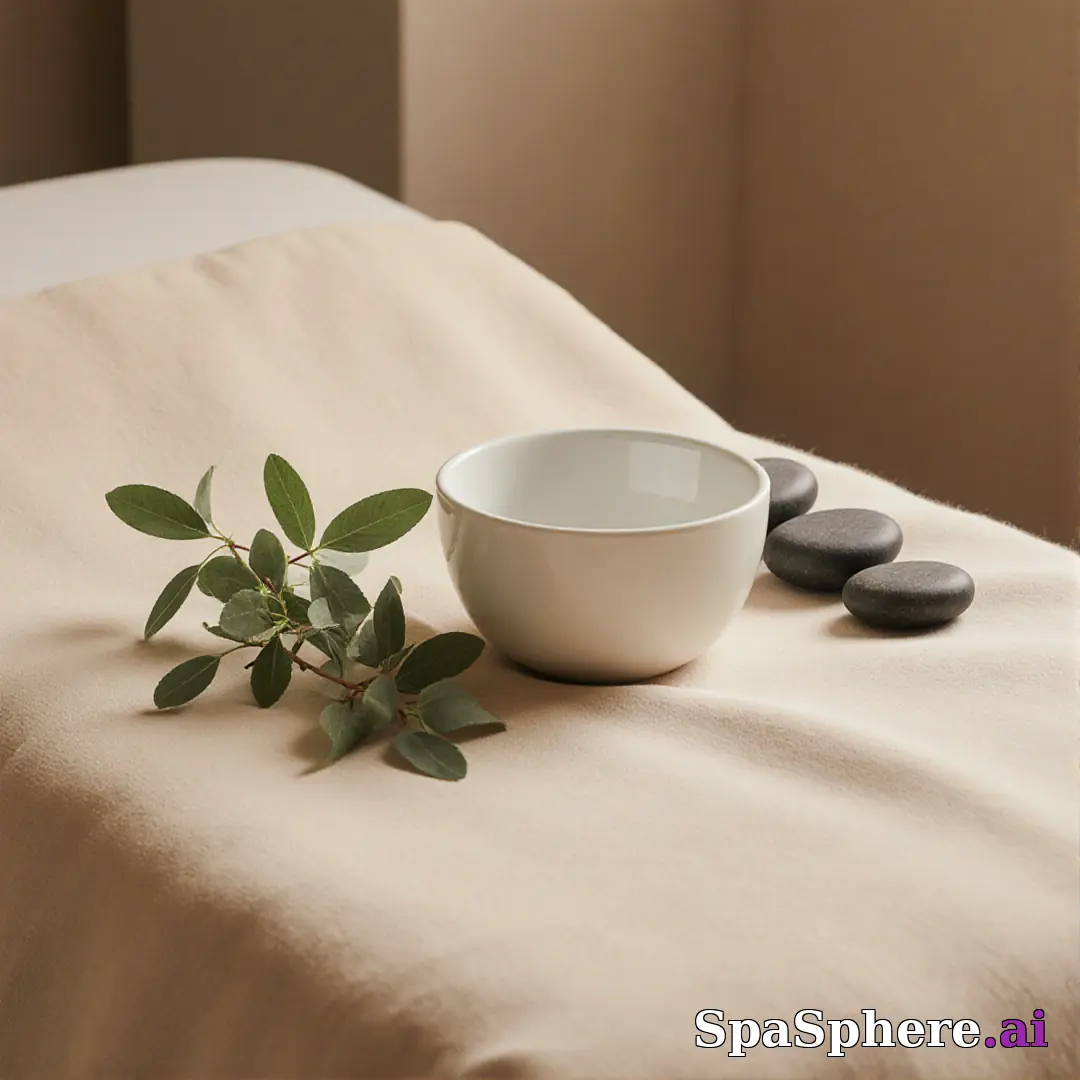 Warm linen and eucalyptus spa flatlay – calming neutral background for estheticians. (14) [1080x1080]