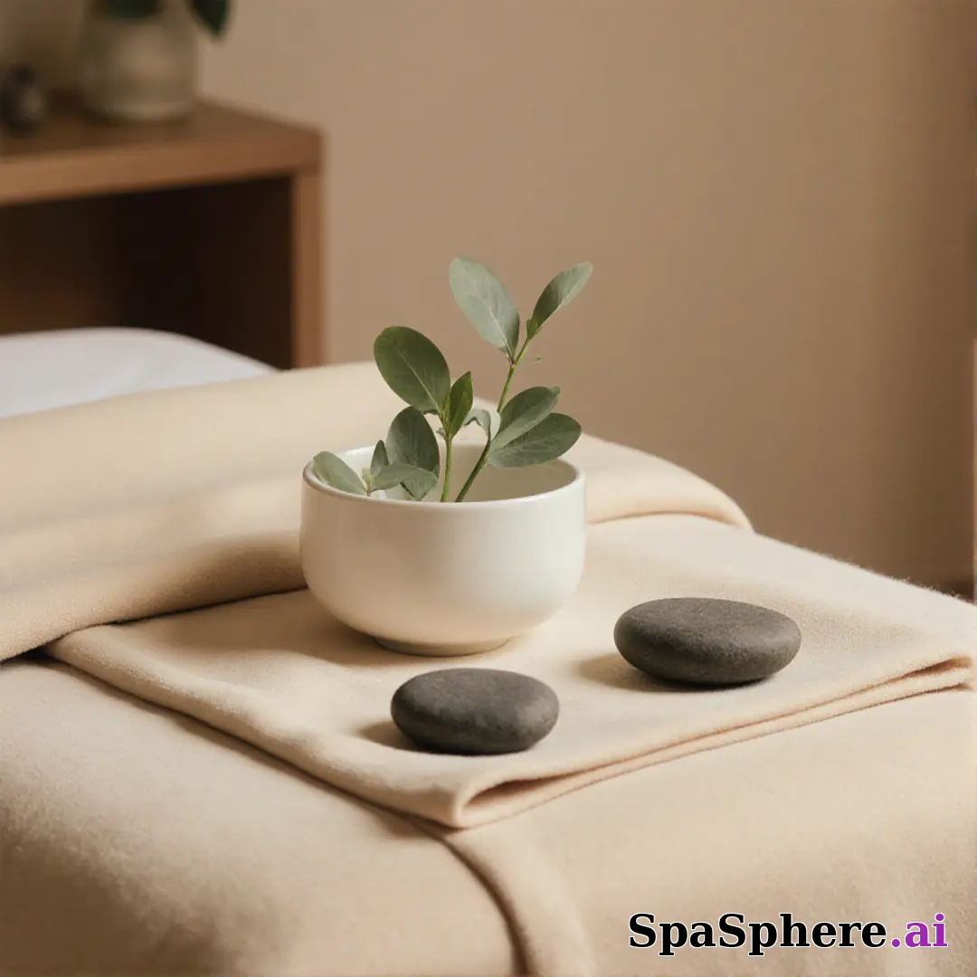 Warm linen and eucalyptus spa flatlay – calming neutral background for estheticians. (15) [1080x1080]