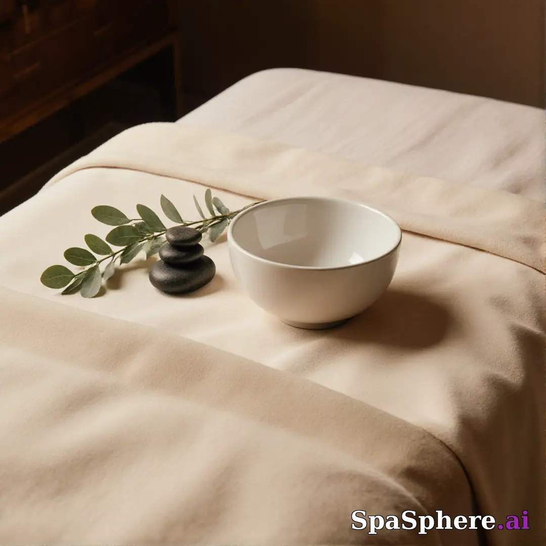 Warm linen and eucalyptus spa flatlay – calming neutral background for estheticians. (18) [1080x1080]