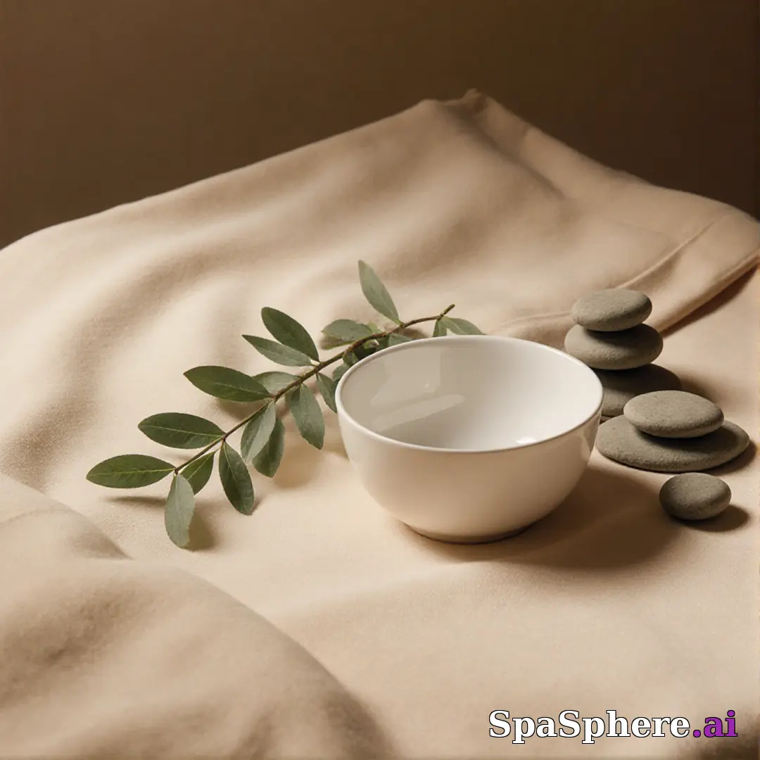 Warm linen and eucalyptus spa flatlay – calming neutral background for estheticians. (19) [1080x1080]