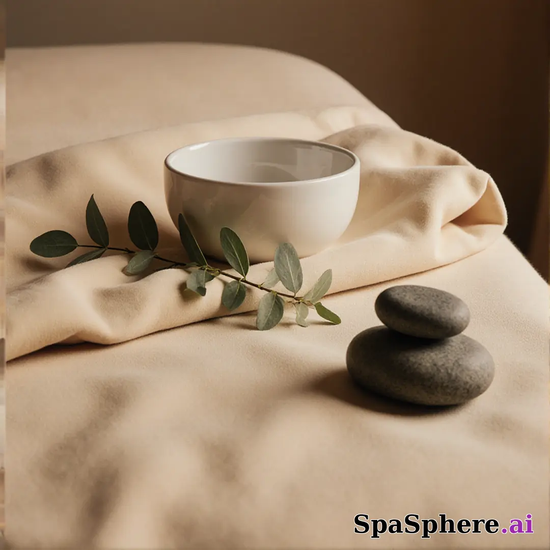 Warm linen and eucalyptus spa flatlay – calming neutral background for estheticians. (02) [1080x1080]