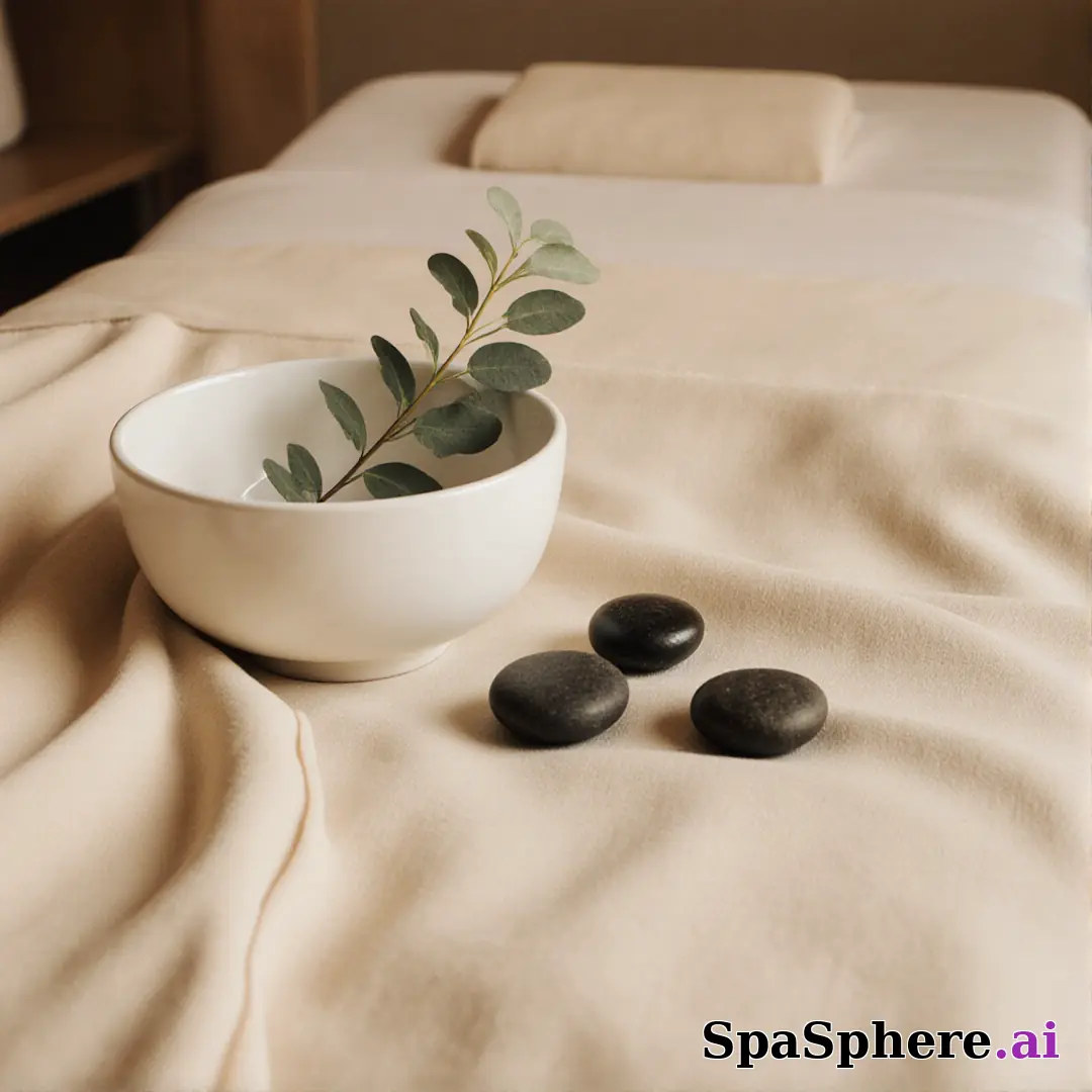 Warm linen and eucalyptus spa flatlay – calming neutral background for estheticians. (20) [1080x1080]