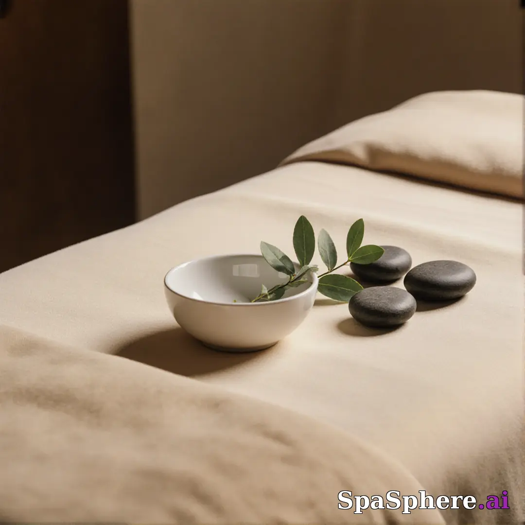 Warm linen and eucalyptus spa flatlay – calming neutral background for estheticians. (21) [1080x1080]