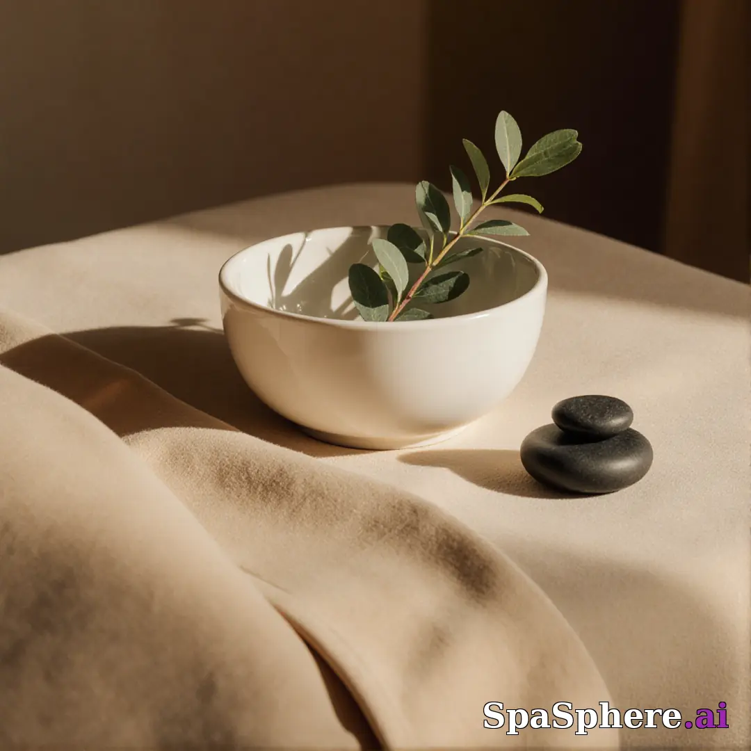 Warm linen and eucalyptus spa flatlay – calming neutral background for estheticians. (22) [1080x1080]