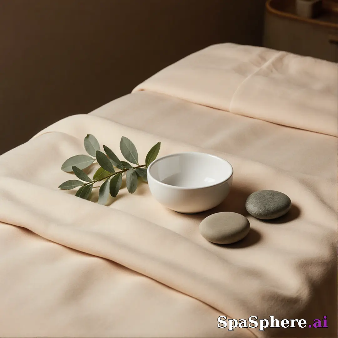 Warm linen and eucalyptus spa flatlay – calming neutral background for estheticians. (23) [1080x1080]