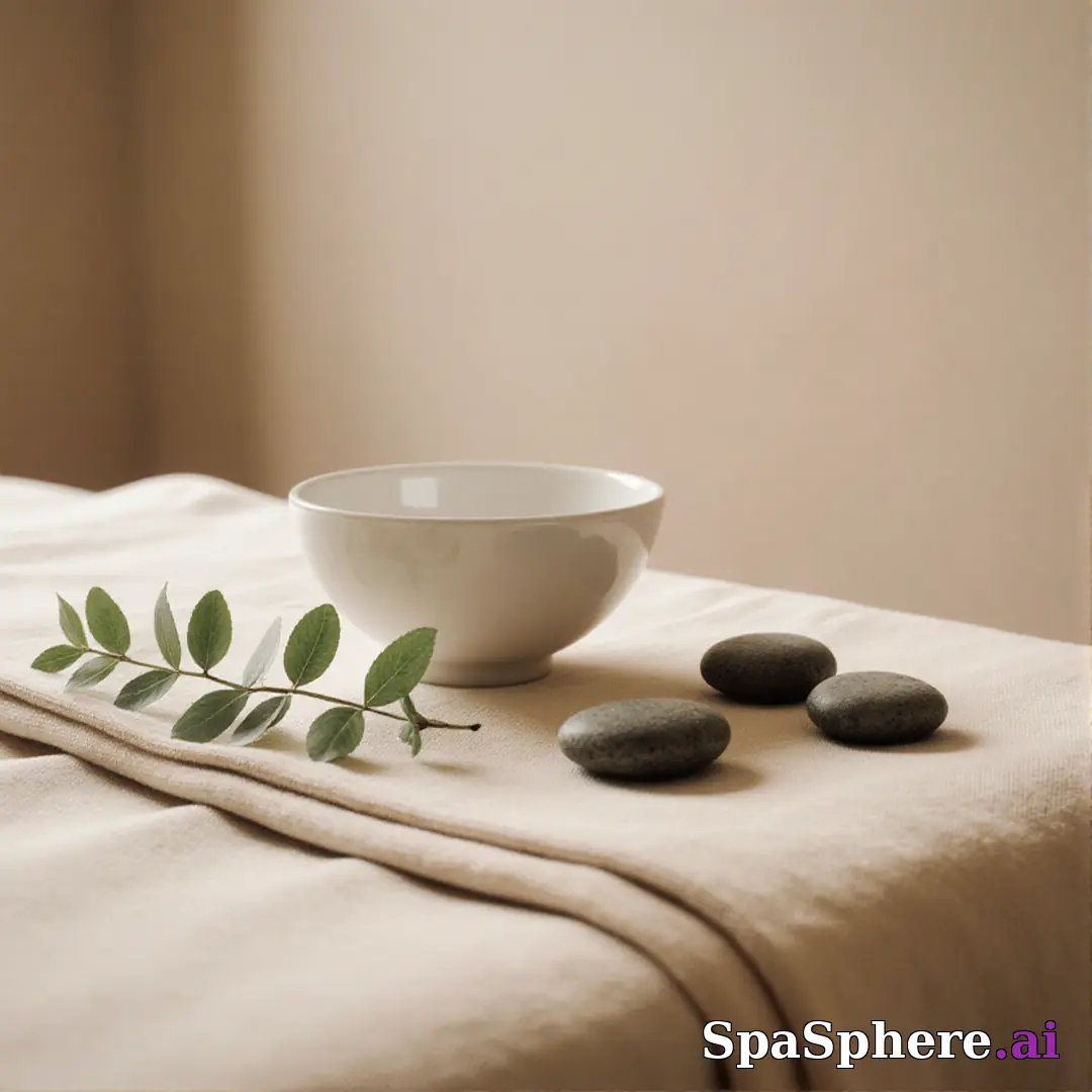Warm linen and eucalyptus spa flatlay – calming neutral background for estheticians. (24) [1080x1080]