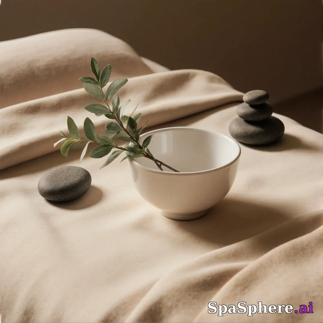 Warm linen and eucalyptus spa flatlay – calming neutral background for estheticians. (03) [1080x1080]