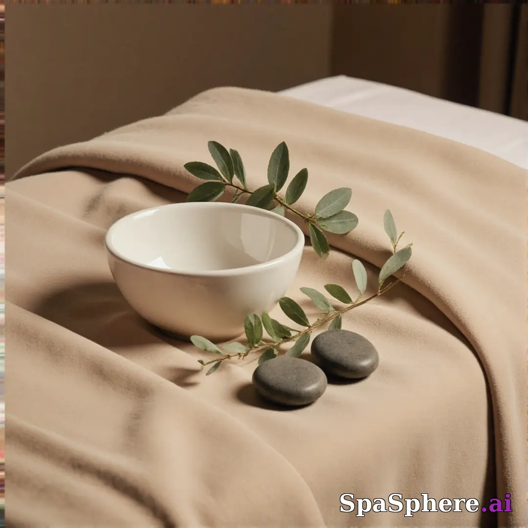 Warm linen and eucalyptus spa flatlay – calming neutral background for estheticians. (08) [1080x1080]