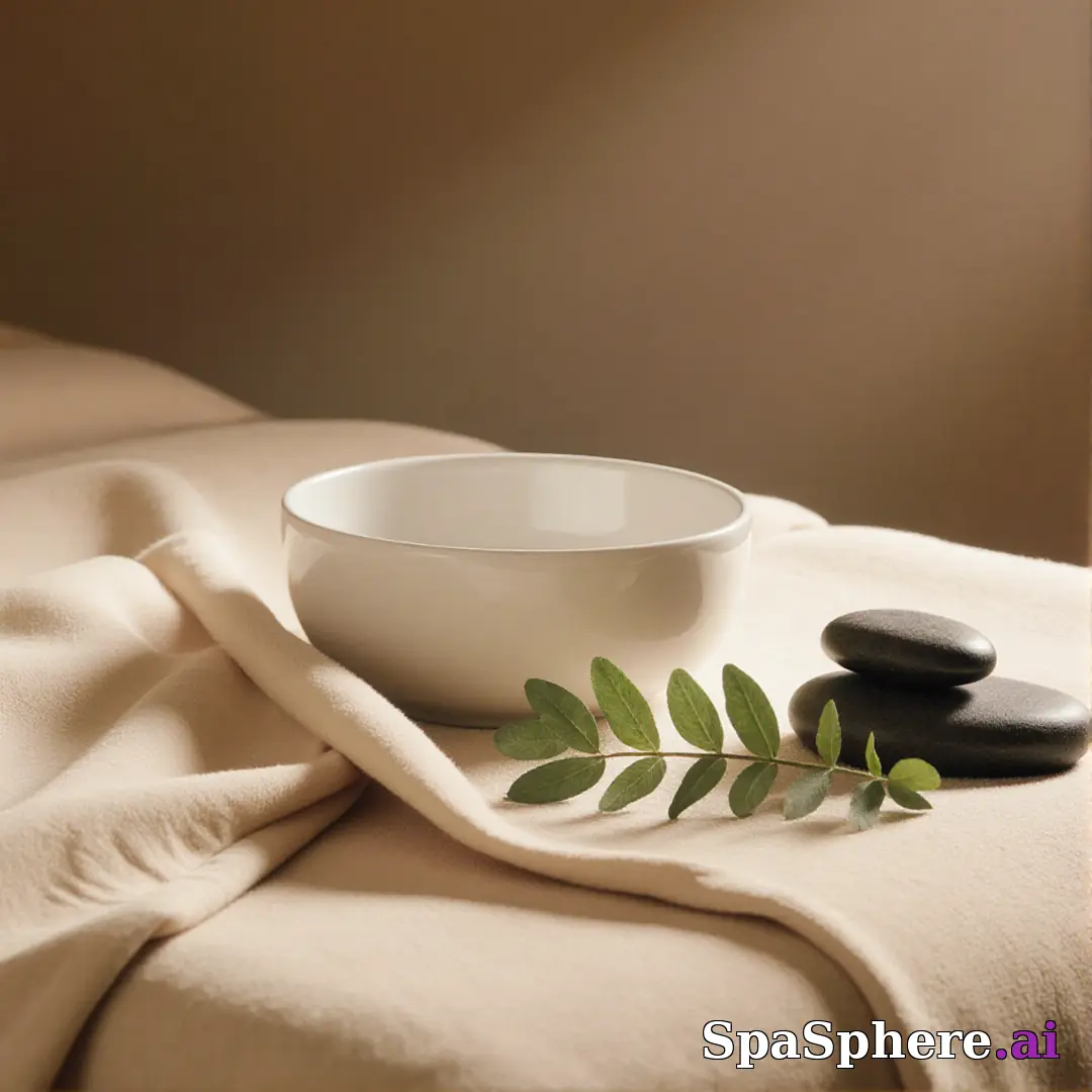Warm linen and eucalyptus spa flatlay – calming neutral background for estheticians. (09) [1080x1080]