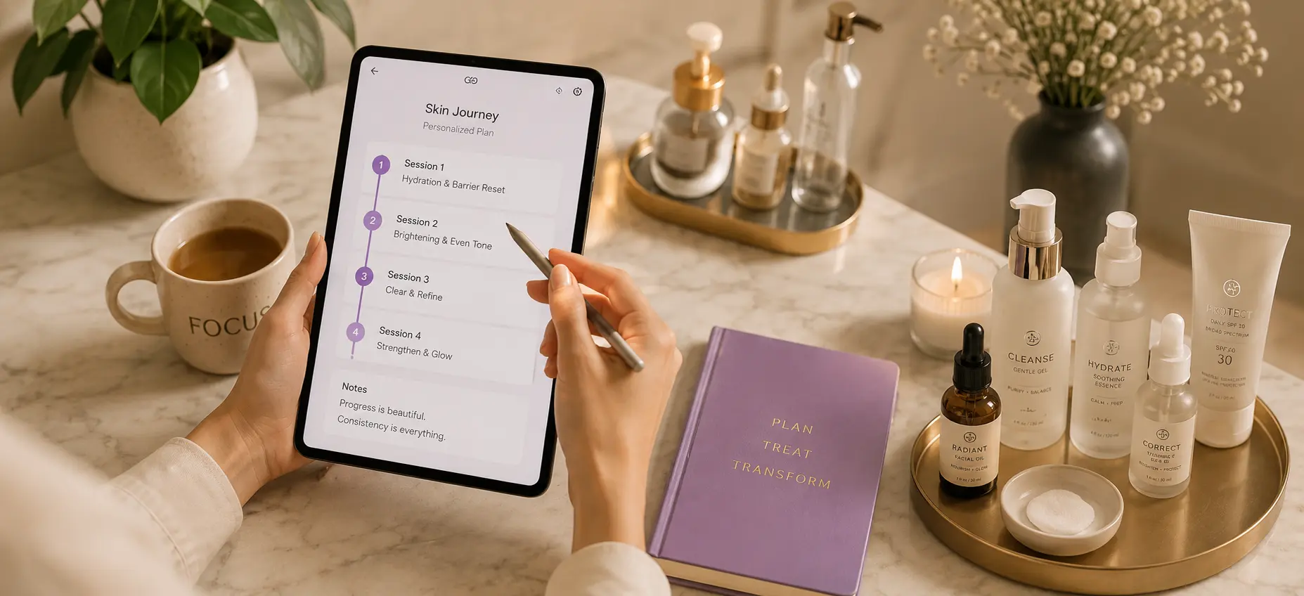 A skin journey unfolding — multi-session transformation, hands-on care