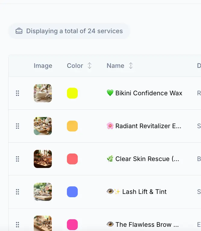 SpaSphere Services page showing a table of services with columns for image, color, name, duration, buffer, price, and category