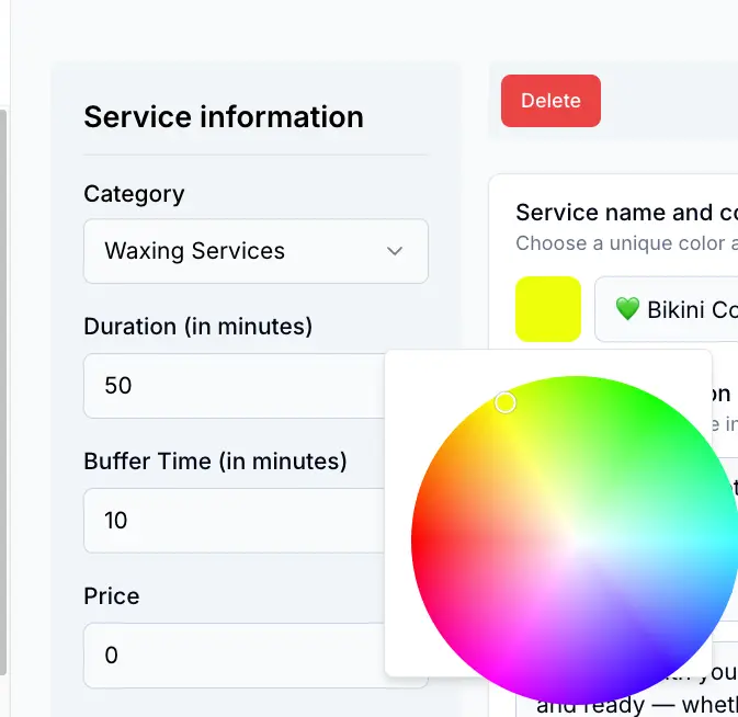 Service name field with color picker wheel showing a selected purple hue