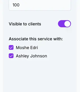 Provider association checkboxes in the service settings sidebar showing two providers selected