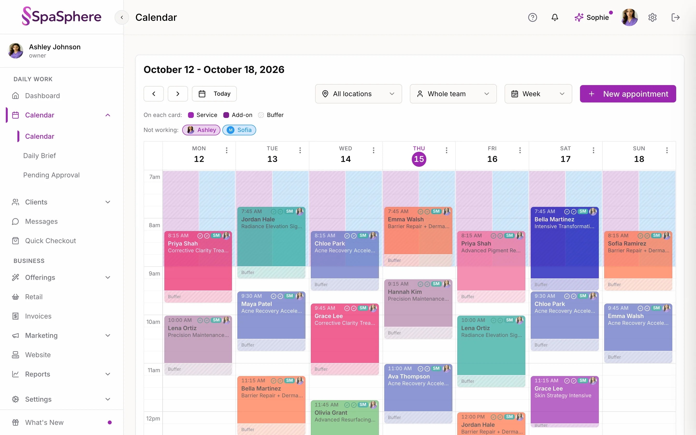 The SpaSphere team calendar showing a week of appointments for every provider