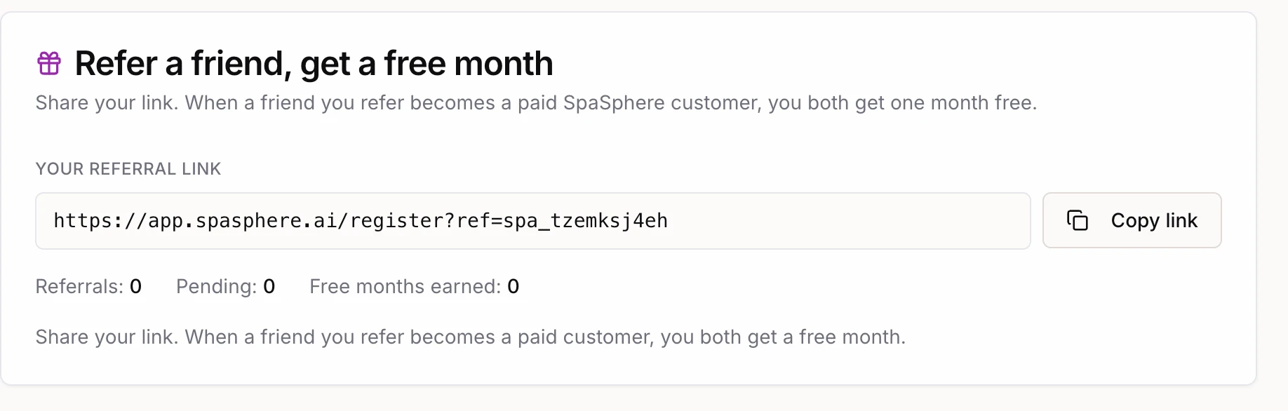 The SpaSphere Refer & Earn card showing a referral link and free months earned