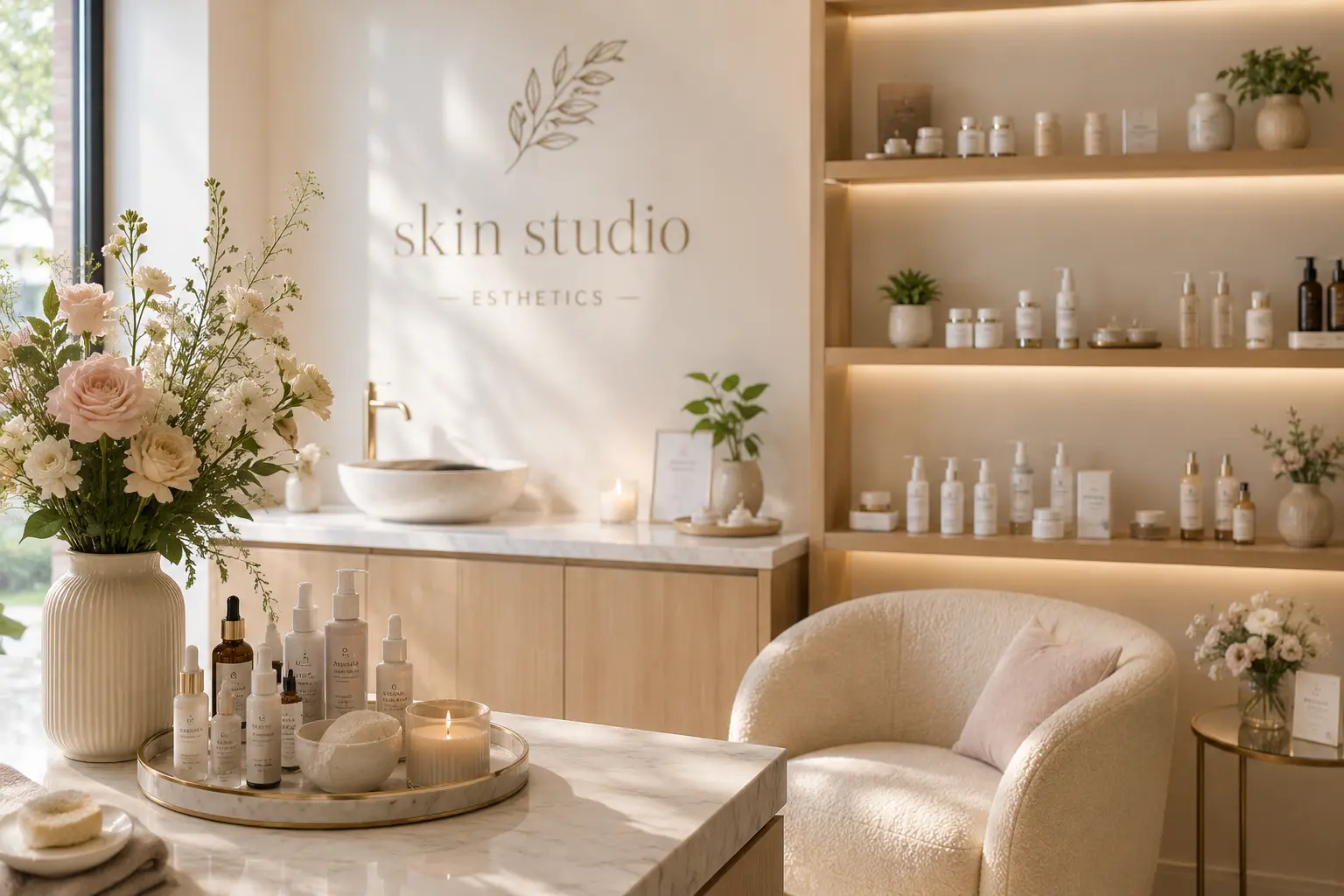 A bright, minimal esthetics studio interior — custom logo on the wall, curated product shelf, fresh flowers, warm natural light, no people, calm and aspirational